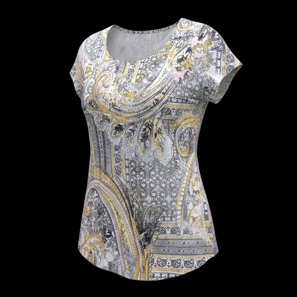Style & Co Womens Paisley Studded Neck Short Sleeve Top Yellow Grey Size M